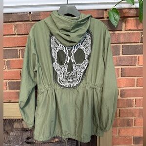 Lightweight Green Hooded Jacket with Drawstring & Skull on back ( armpit 22 1/2”